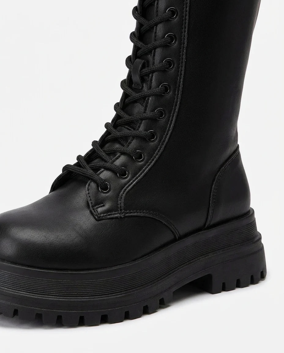 Black Combat Boots Women | Knee-High PU Leather Lace-Up 4