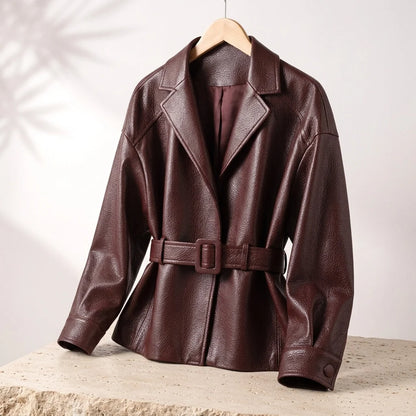 Belted Faux-Leather Jacket Women | Notched Lapel Waist-Defining Outerwear 0