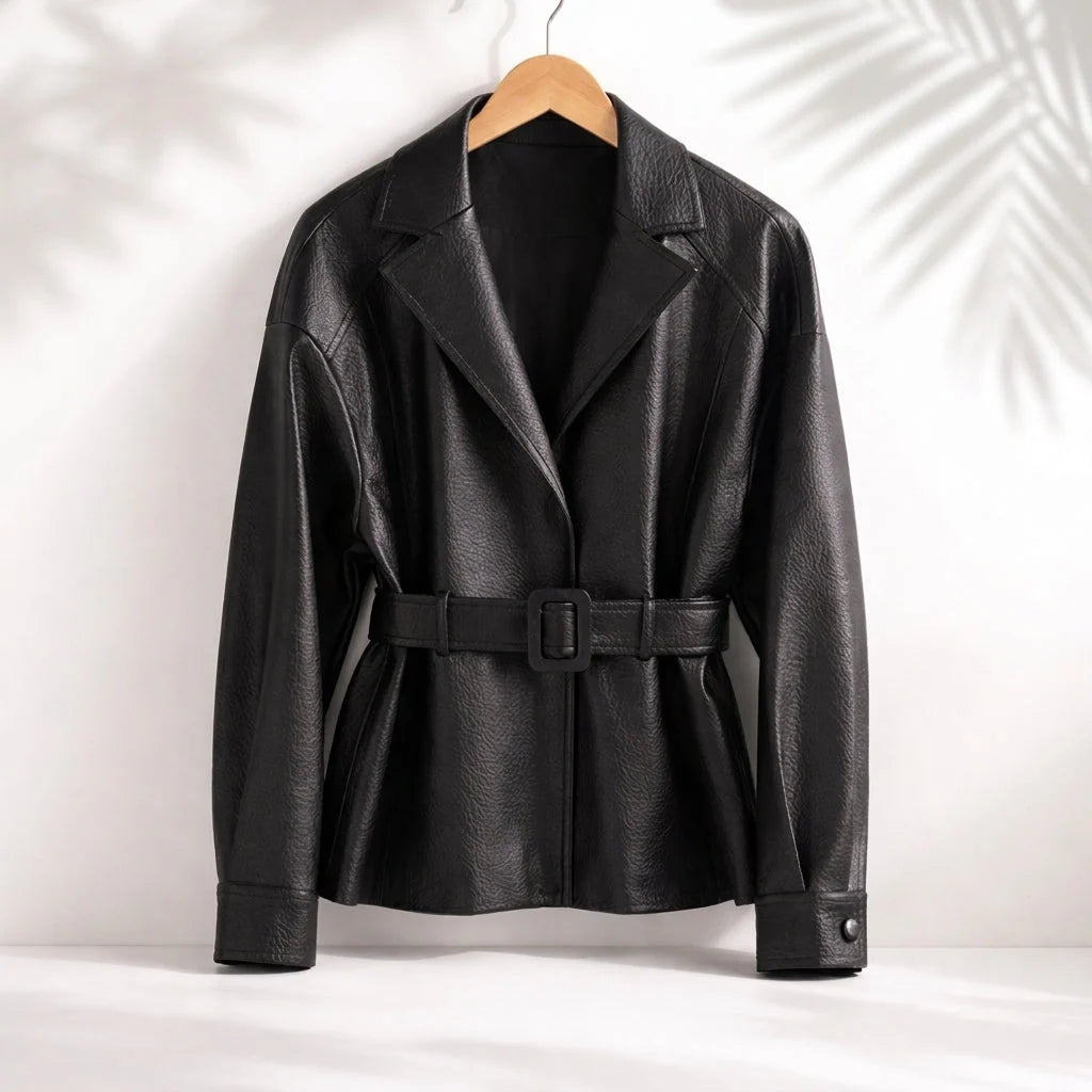 Belted Faux-Leather Jacket Women | Notched Lapel Waist-Defining Outerwear 3