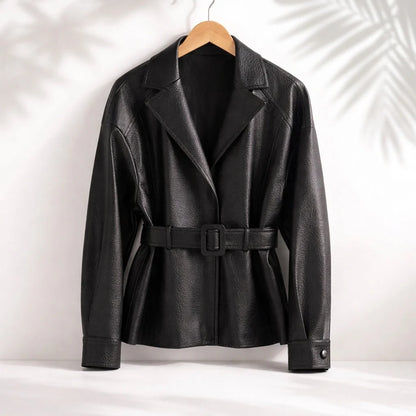 Belted Faux-Leather Jacket Women | Notched Lapel Waist-Defining Outerwear 3