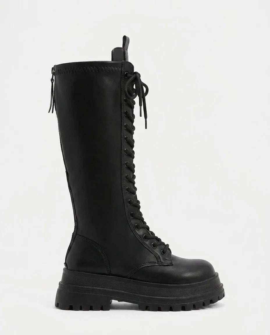Black Combat Boots Women | Knee-High PU Leather Lace-Up 0