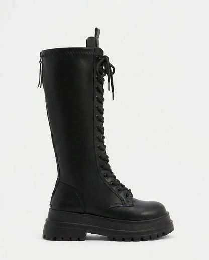 Black Combat Boots Women | Knee-High PU Leather Lace-Up 0
