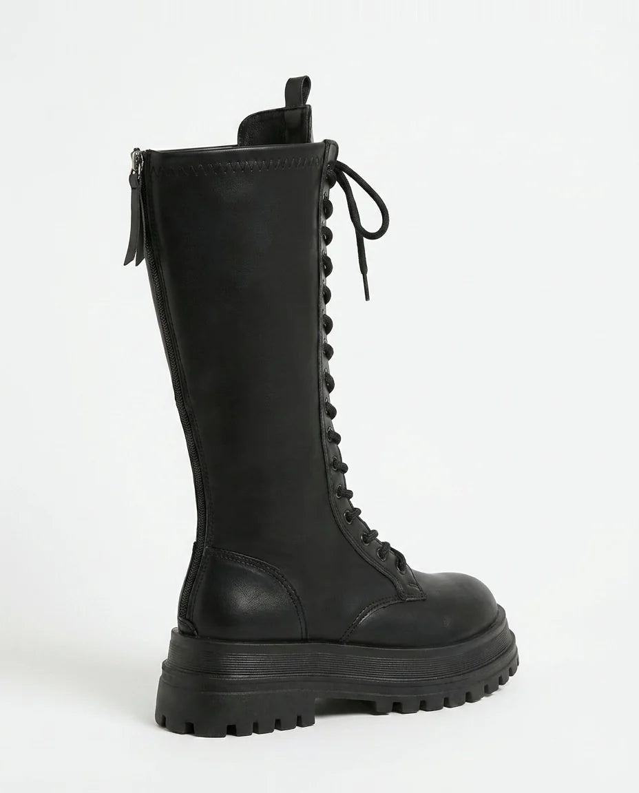 Black Combat Boots Women | Knee-High PU Leather Lace-Up 1