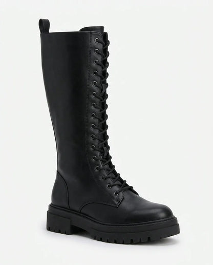 Black Combat Boots Women | Knee-High PU Leather Lace-Up 2