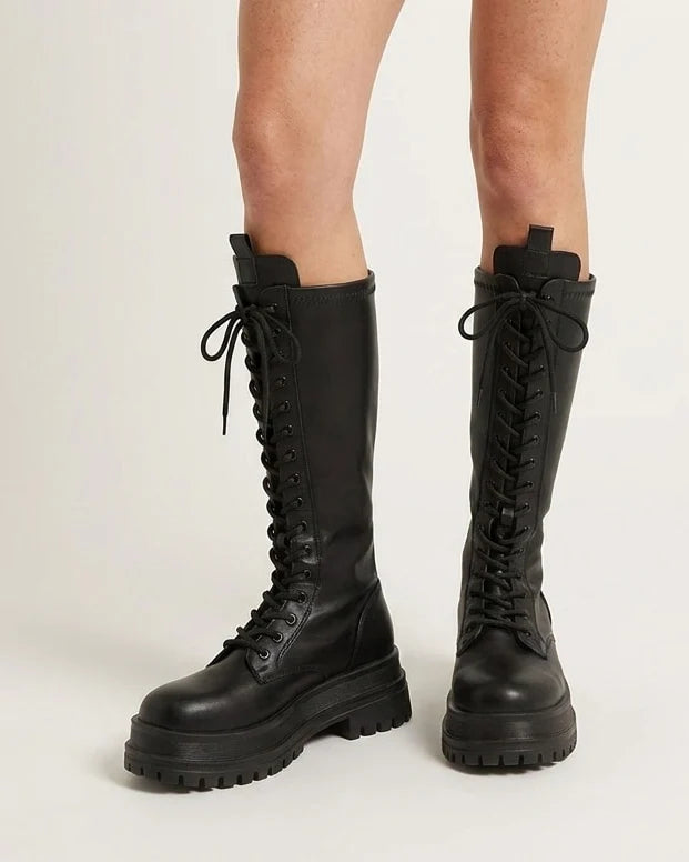 Black Combat Boots Women | Knee-High PU Leather Lace-Up 3