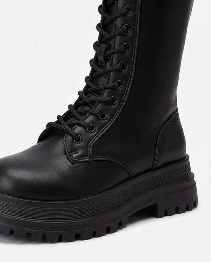 Black Combat Boots Women | Knee-High PU Leather Lace-Up 4