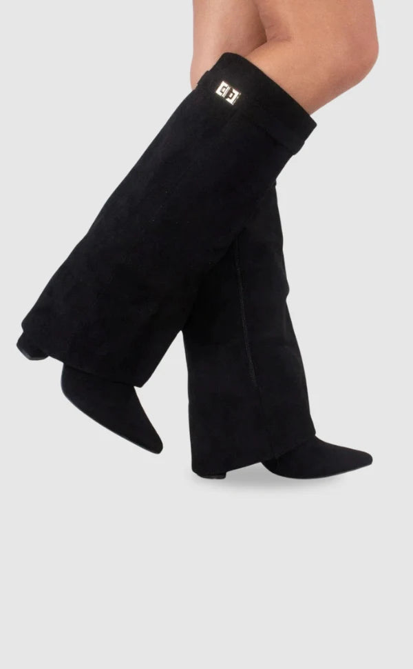 Black Knee High Boots | Women's Heeled PU Leather Wide Shaft 0