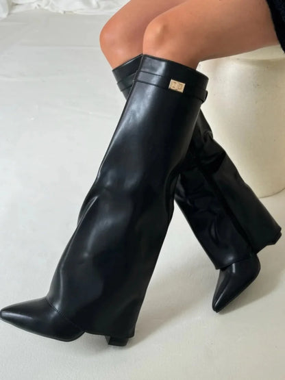Black Knee High Boots | Women's Heeled PU Leather Wide Shaft 10
