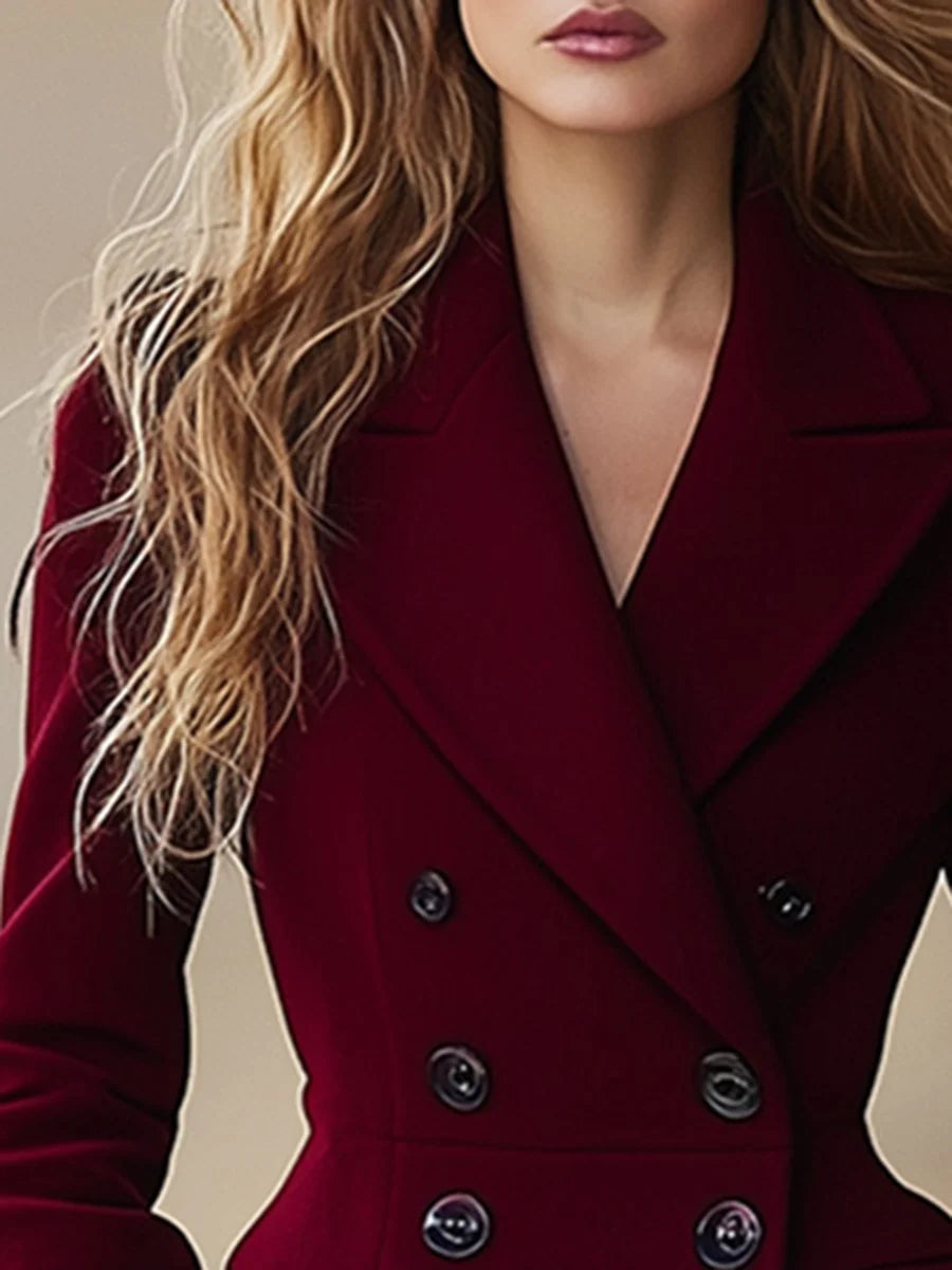 Burgundy Lapel Coat | Women's Double-Breasted Waist Coat 2