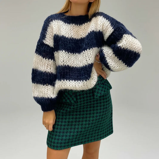 Chunky Knit Oversized Sweater | Women's Wide Stripes Balloon Sleeves 0