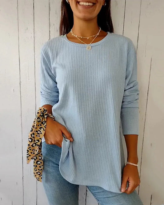 Cotton Blend Knitted Top | Women's Long Sleeve Round Neck 0