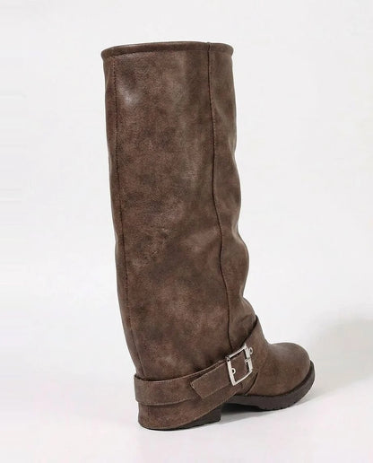 Knee-High Slouchy Buckle Strap Boots Black PU Leather 1