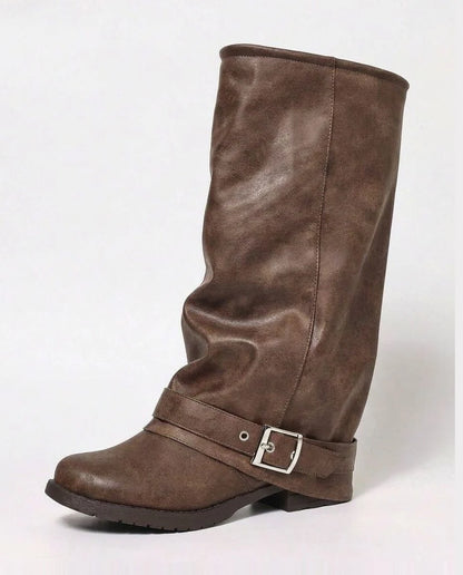 Knee-High Slouchy Buckle Strap Boots Black PU Leather 2