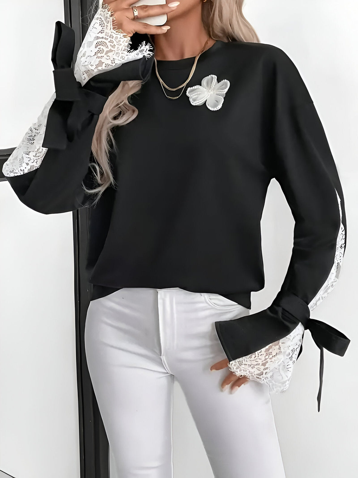 Lace-Panel Sweatshirt | Women Long-Sleeve Casual Top 2