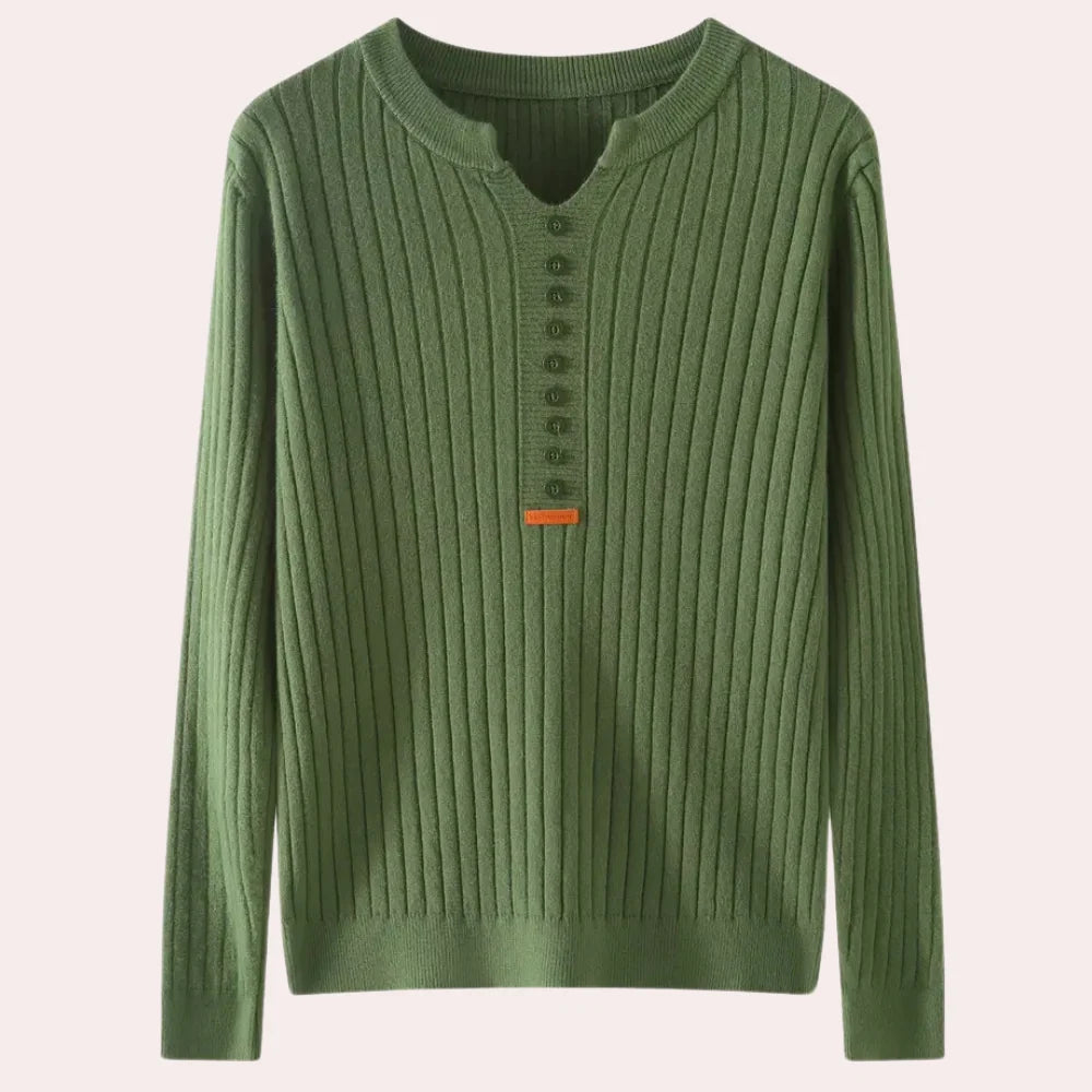 Ribbed Knit Sweater | Women's Notched Neck Button Placket 0