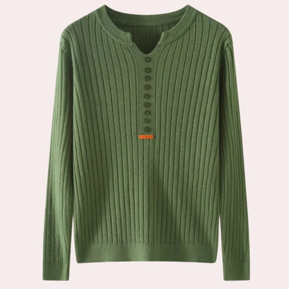 Ribbed Knit Sweater | Women's Notched Neck Button Placket 0