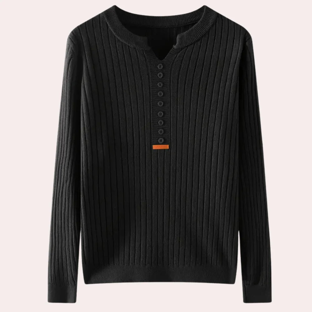 Ribbed Knit Sweater | Women's Notched Neck Button Placket 1
