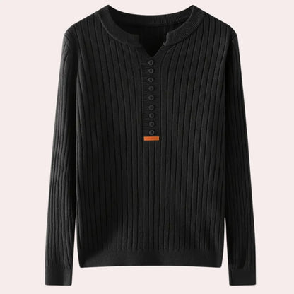 Ribbed Knit Sweater | Women's Notched Neck Button Placket 1