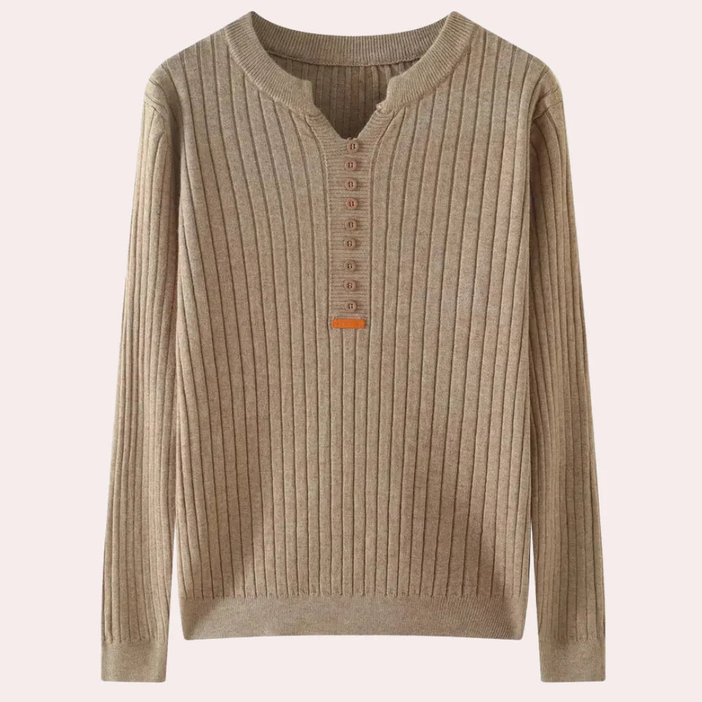 Ribbed Knit Sweater | Women's Notched Neck Button Placket 2