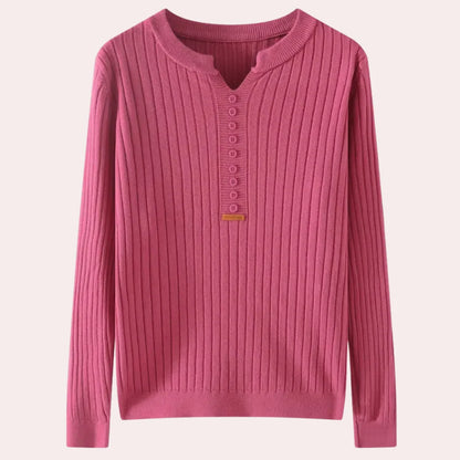 Ribbed Knit Sweater | Women's Notched Neck Button Placket 3
