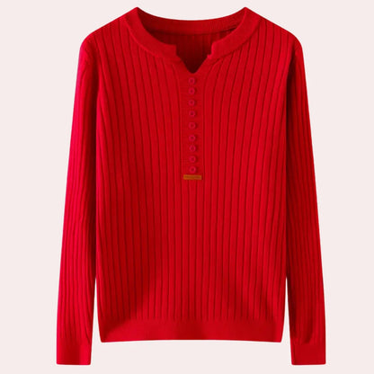 Ribbed Knit Sweater | Women's Notched Neck Button Placket 4