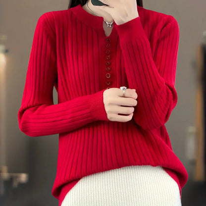 Ribbed Knit Sweater | Women's Notched Neck Button Placket 5