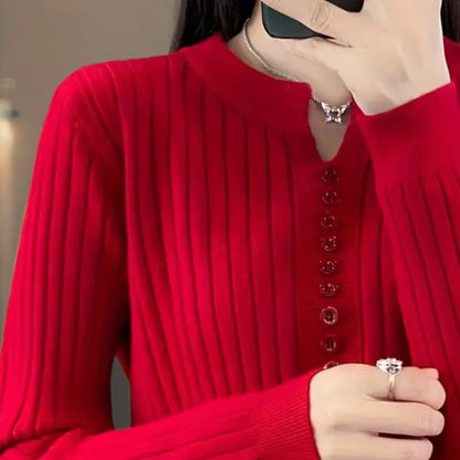 Ribbed Knit Sweater | Women's Notched Neck Button Placket 6