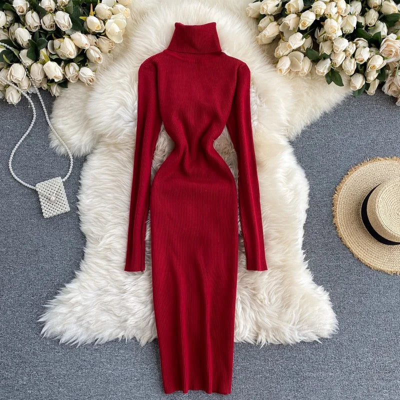 Ribbed Knit Turtleneck Maxi Dress | Women's Long Sleeve Dress 2
