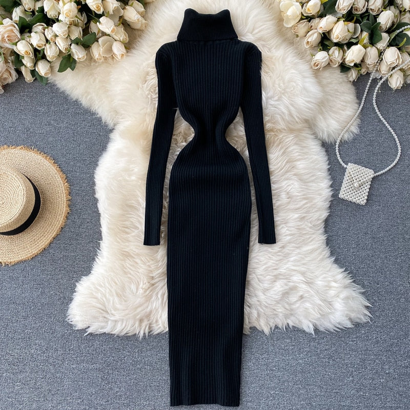 Ribbed Knit Turtleneck Maxi Dress | Women's Long Sleeve Dress 3