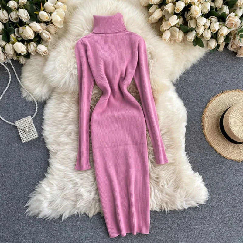 Ribbed Knit Turtleneck Maxi Dress | Women's Long Sleeve Dress 4