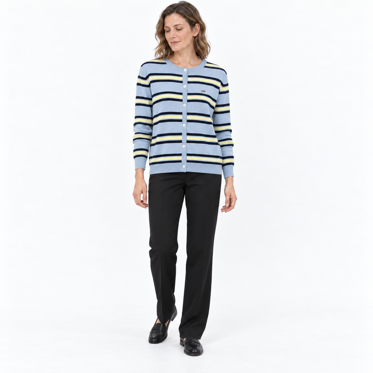 Striped Crew-Neck Knitted Cardigan | Women Casual Layer 1