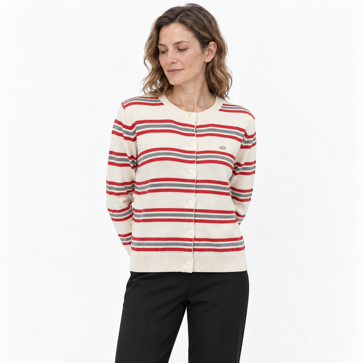 Striped Crew-Neck Knitted Cardigan | Women Casual Layer 2