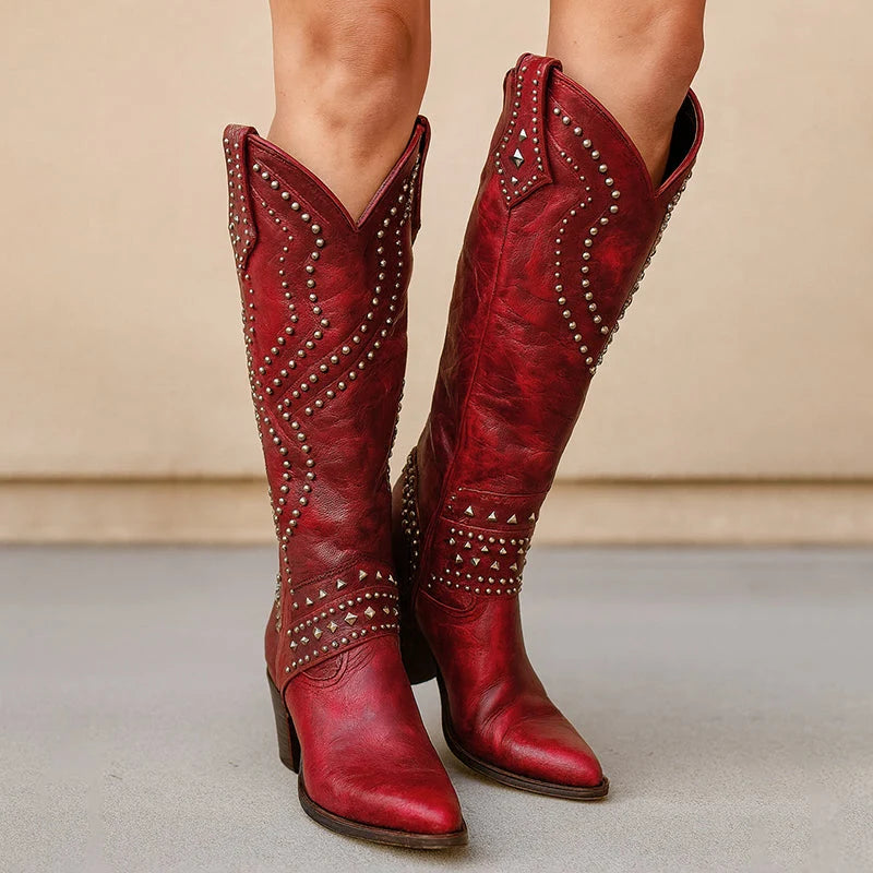 Studded Leather Knee-High Western Boots for Women 1