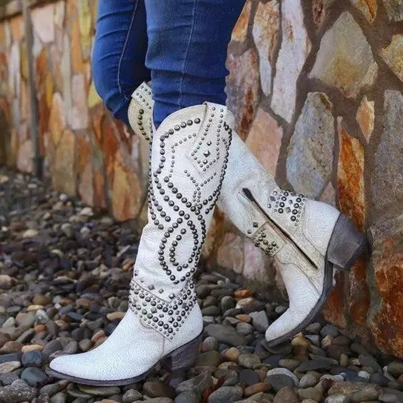 Studded Leather Knee-High Western Boots for Women 2