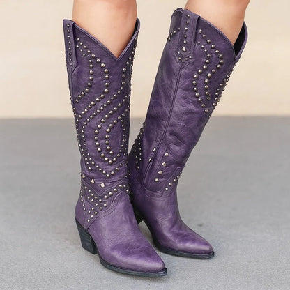 Studded Leather Knee-High Western Boots for Women 3