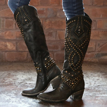 Studded Leather Knee-High Western Boots for Women 4