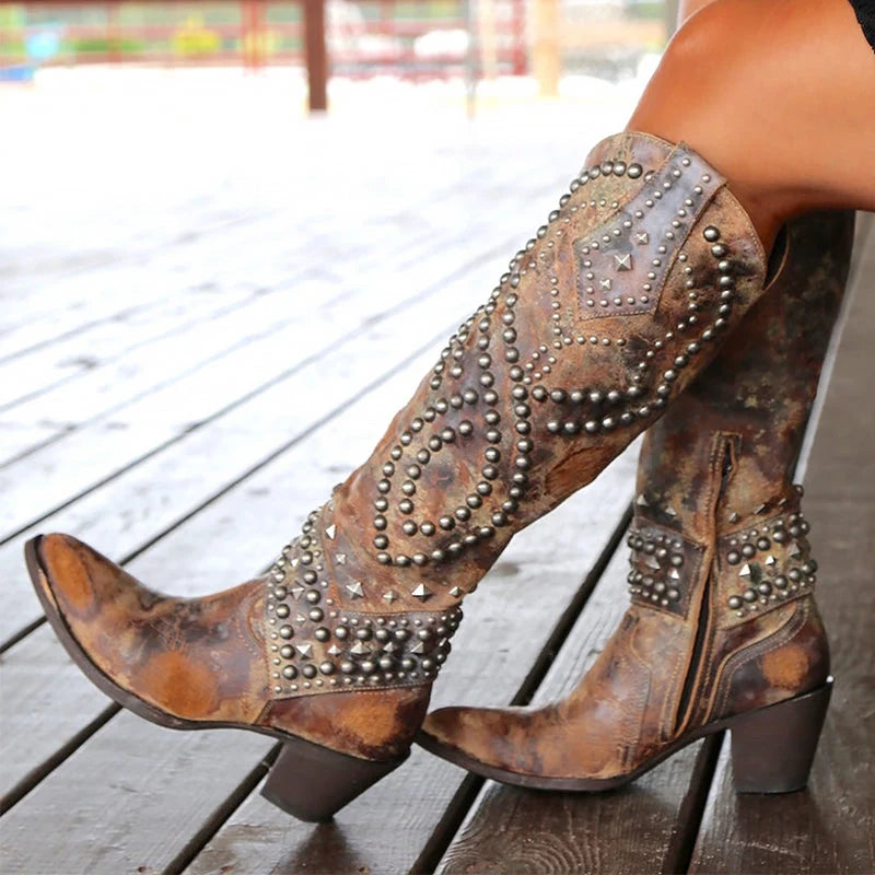 Studded Leather Knee-High Western Boots for Women 5