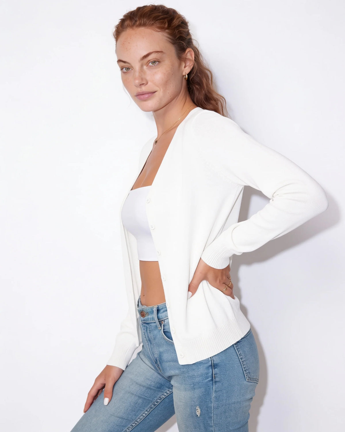 V-Neck Button Cardigan | Women's Hip-Length Knitwear 1