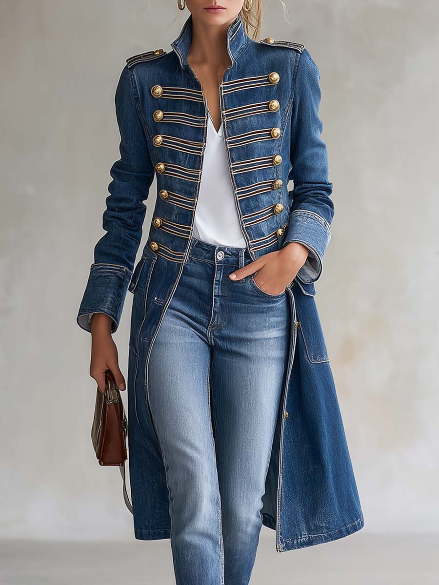 Vintage Washed Denim Military Longline Coat | Women's Coat 0