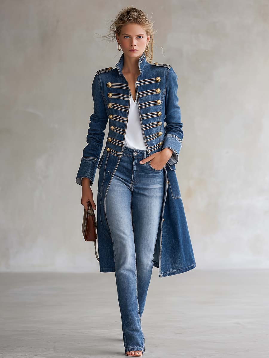Vintage Washed Denim Military Longline Coat | Women's Coat 3