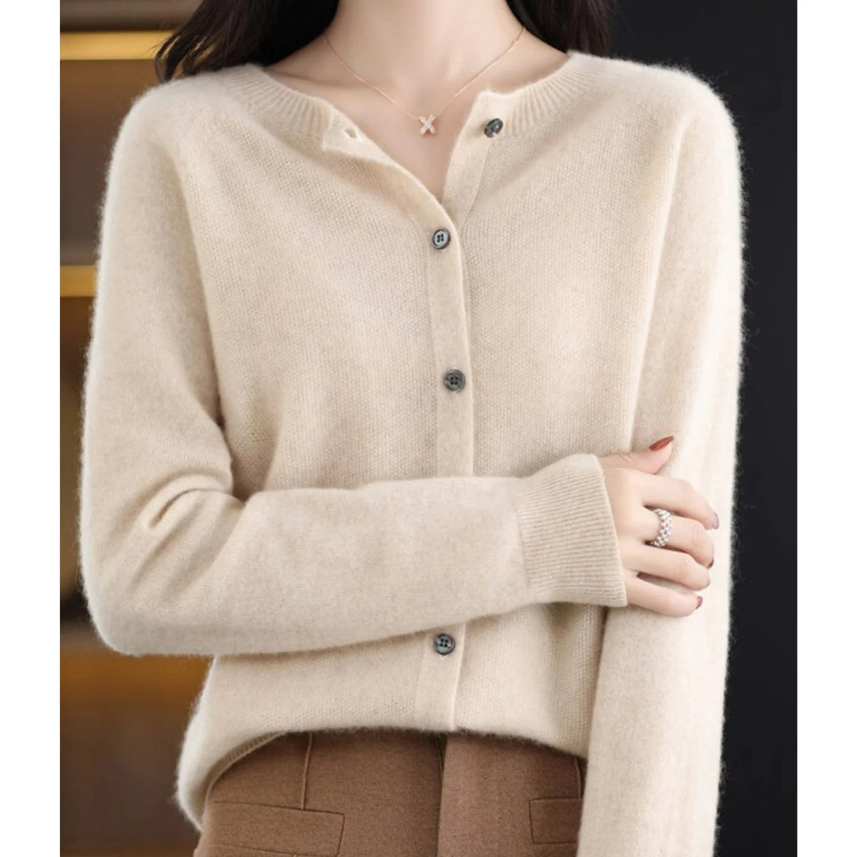 White Cardigan Sweater | Women's Long Sleeve Crew Neck 10