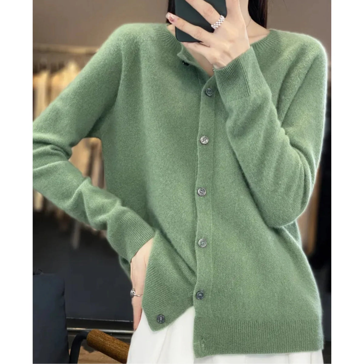 White Cardigan Sweater | Women's Long Sleeve Crew Neck 13