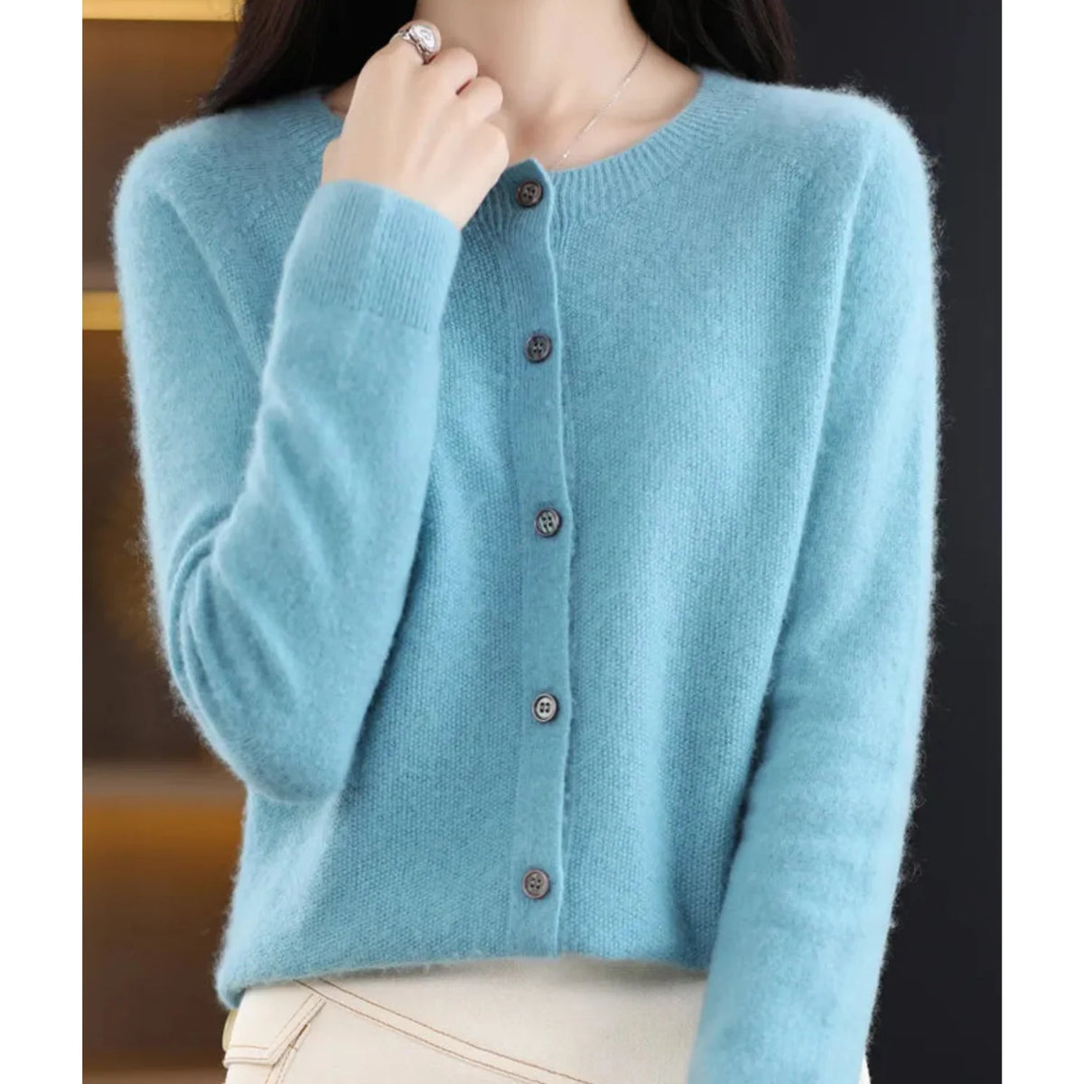 White Cardigan Sweater | Women's Long Sleeve Crew Neck 3