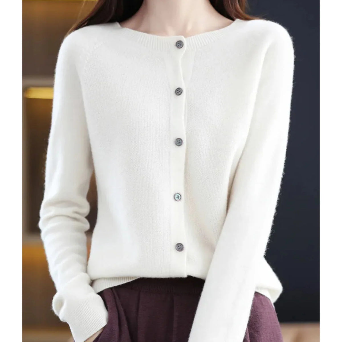 White Cardigan Sweater | Women's Long Sleeve Crew Neck 4
