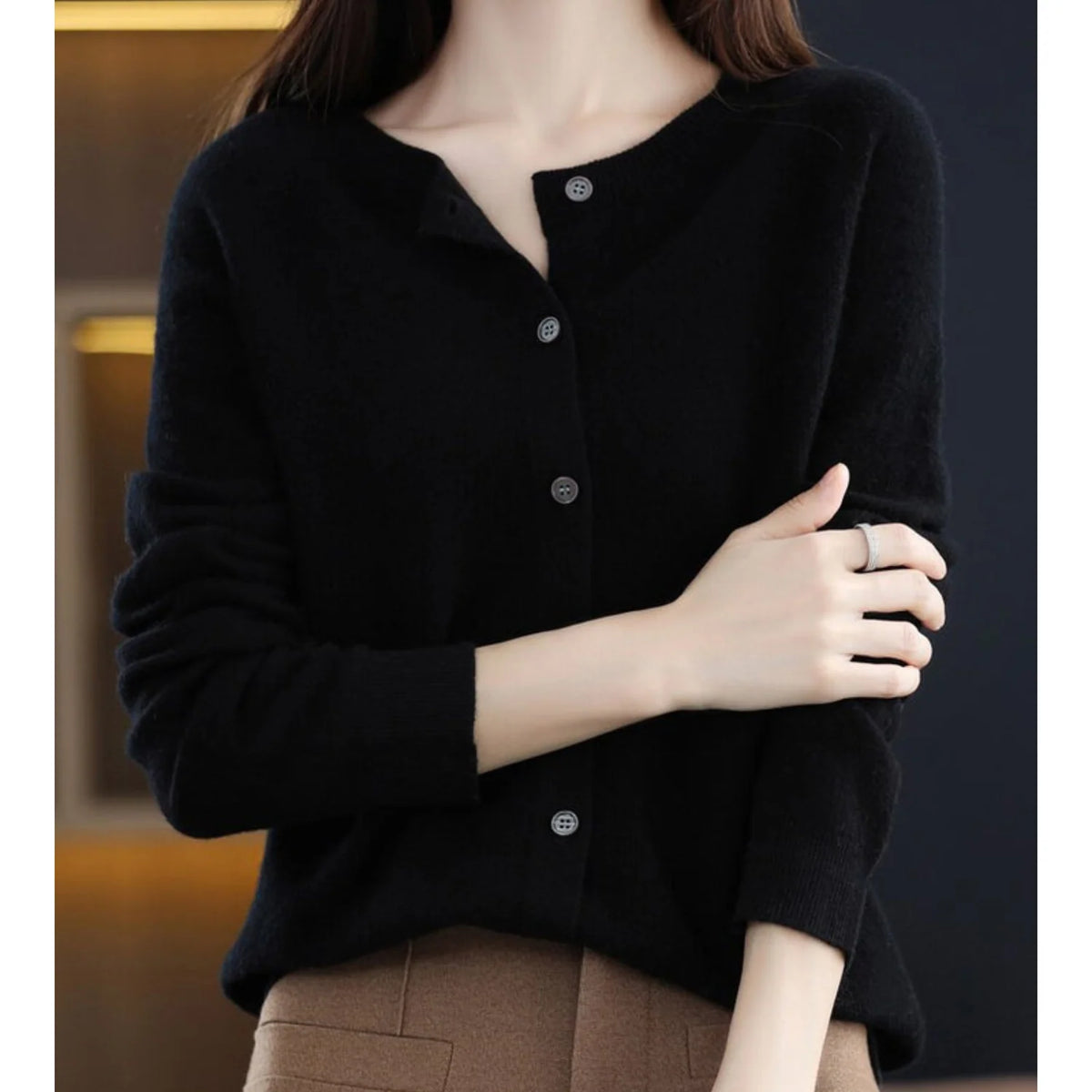 White Cardigan Sweater | Women's Long Sleeve Crew Neck 5