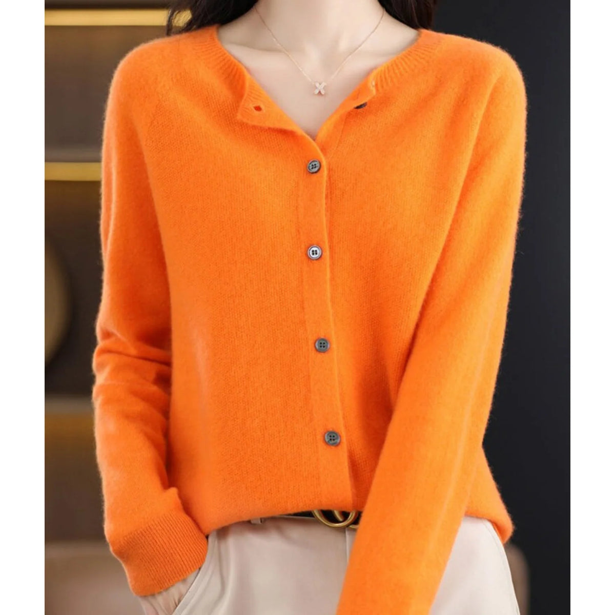 White Cardigan Sweater | Women's Long Sleeve Crew Neck 7
