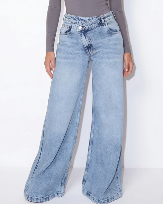 Wide-Leg Jeans Blue Cotton High Rise 0