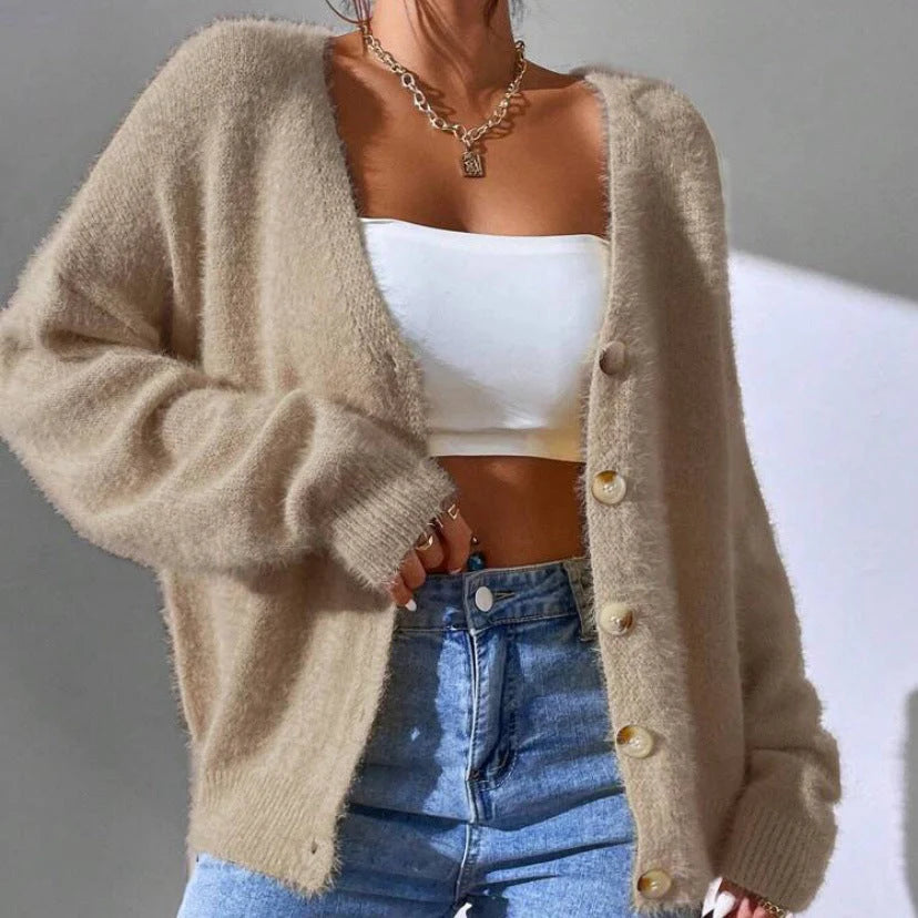 Women's Long Cardigan V-Neck Faux Mink Sweater 0