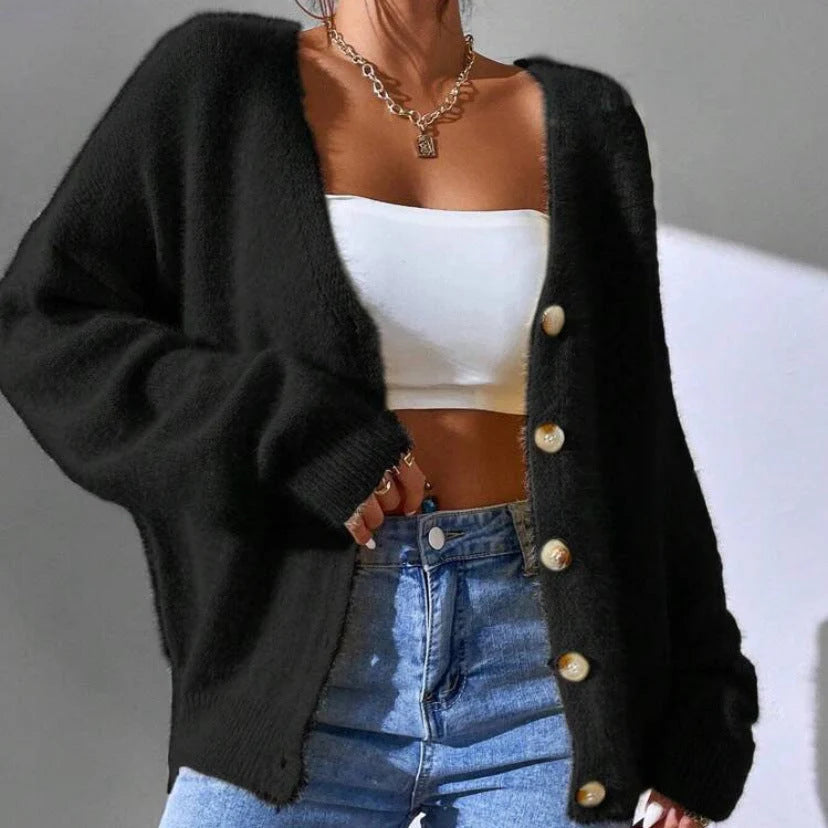 Women's Long Cardigan V-Neck Faux Mink Sweater 1