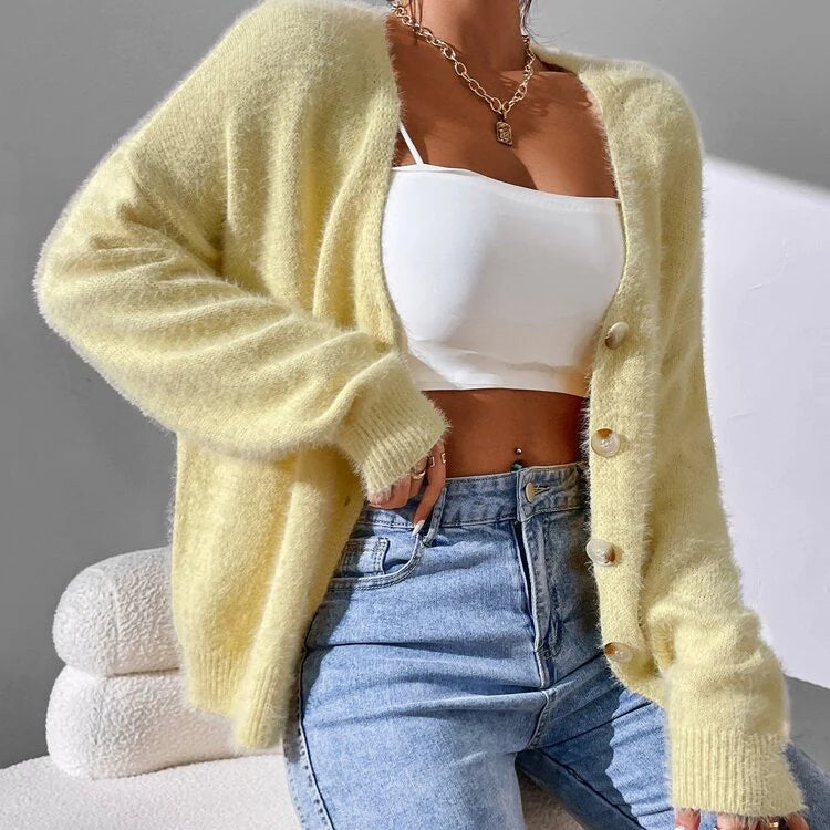 Women's Long Cardigan V-Neck Faux Mink Sweater 3